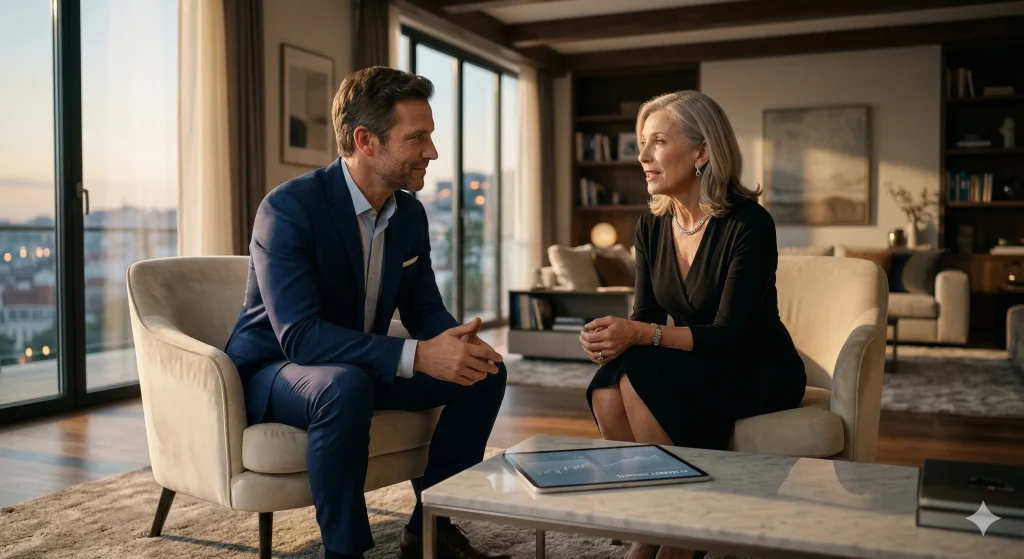 Consultor imobiliário na era da IA prestando serviço bespoke.